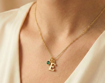 Gold Dainty Initial with Birthstone Necklace, Personalized Jewelry for her, Custom Minimalist Necklace, gift for her, Christmas Gift