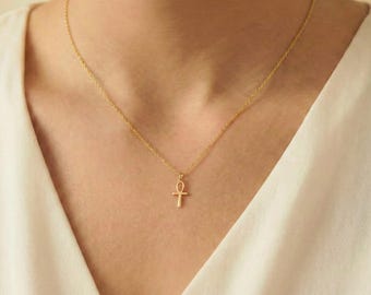 Tiny Silver Egyptian Cross Necklace Gold Ankh Pendant Ancient Necklace Ankh Cross Necklace Women Religious Necklace Dainty Ankh Necklace