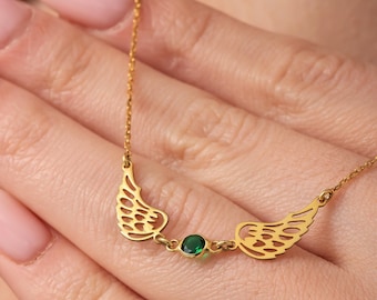 Engelsflügel Halskette, Benutzerdefinierte Birthstone Doppelter Engelsflügel Denim Halskette Geschenk für Sie, Schutzengel Sentimental Geschenk