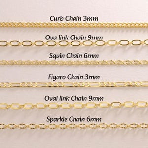 May include: A selection of gold-colored chain necklaces, each with a different design. The image includes Curb Chain 3mm, Ova link Chain 9mm, Squin Chain 6mm, Figaro Chain 3mm, Oval link Chain 9mm, and Sparkle Chain 6mm.