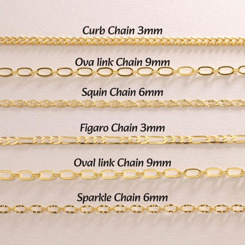 May include: A selection of gold-colored chain necklaces, each with a different design. The image includes Curb Chain 3mm, Ova link Chain 9mm, Squin Chain 6mm, Figaro Chain 3mm, Oval link Chain 9mm, and Sparkle Chain 6mm.