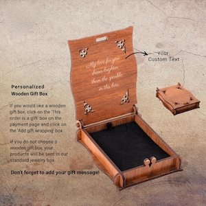 May include: Open wooden gift box with a dark interior and a hinged lid. The lid has decorative cutouts and the text "My love for you shines brighter than the sparkle in this box." A smaller closed box is also shown.
