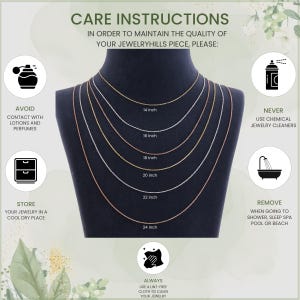 May include: A display of necklaces in various lengths, from 14 to 24 inches, on a black mannequin. The image includes care instructions: avoid lotions, store in a cool place, and clean with a lint-free cloth. It also advises to remove jewelry before showering.