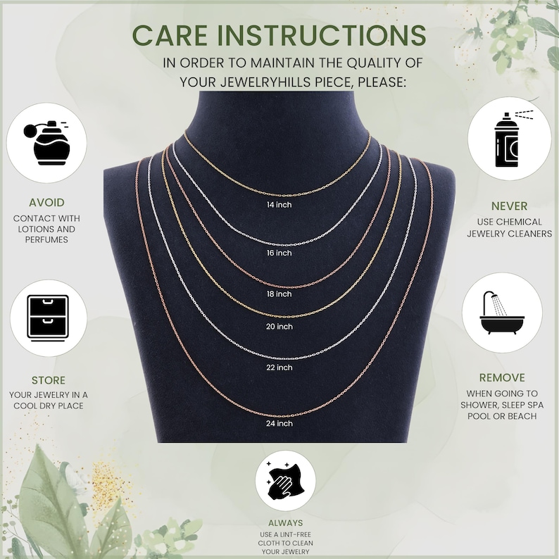 May include: A display of necklaces in various lengths, from 14 to 24 inches, on a black mannequin. The image includes care instructions: avoid lotions, store in a cool place, and clean with a lint-free cloth. It also advises to remove jewelry before showering.
