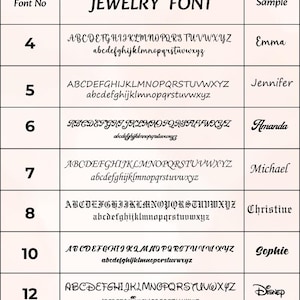 May include: A chart displaying various jewelry fonts, each with a sample name. The fonts are numbered and include uppercase and lowercase alphabets. The samples include names like Emma, Jennifer, Amanda, Michael, Christine, Sophie, and Disney.