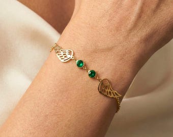 Gedenk Armband mit Geburtsstein Zierliche Gold Engel Flügel Armband Sterling Silber Schutzengel Armband für Mama Geschenk für Sie