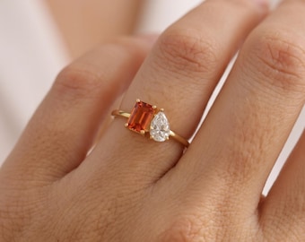 Two Stone Ring Emerald & Pear Cut Birthstone Ring
