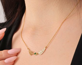 Colar Asas de Anjo com Pedra Natalícia, Delicado Colar Asas de Anjo em Ouro com Pedra Natalícia, Colar Anjo da Guarda em Prata de Lei, Presente para Mãe.