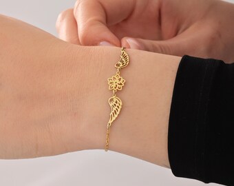 Personalized Double Angle Wings Birtflower Bracelet, Guardian Angel Wings Pendant, Multiple Birthflower Charm, Sentimental Memorial Jewelry