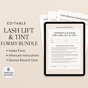 May include: Editable forms bundle for lash lift and tint services. Includes intake form, aftercare instructions, and service record card. 8 templates included.