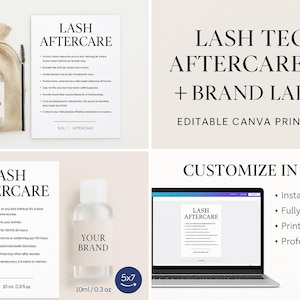 Zestaw do pielęgnacji rzęs Lash Tech + etykiety firmowe | Edytowalne materiały Canva do druku dla klientów korzystających z przedłużania i farbowania rzęs