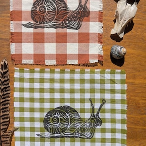 May include: Two square fabric pieces with a gingham pattern, one in orange and white, the other in green and white. Each features a black snail illustration. The edges are frayed. Additional items include a feather, a rock, and a shell.