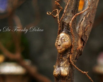 Tree Nymph Sculpture. Primitive Art Doll In Clay And Tree Spirit Wood Carving OOAK Sculpture by Fae Factory Visionary Artist Dr Franky Dolan
