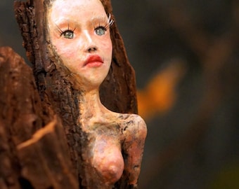 Tree Nymph Sculpture. Clay & Wood Carving Art Doll by Fae Factory Visionary Artist Dr Franky Dolan (Fantasy Art Sculpture Art Doll OOAK Art)