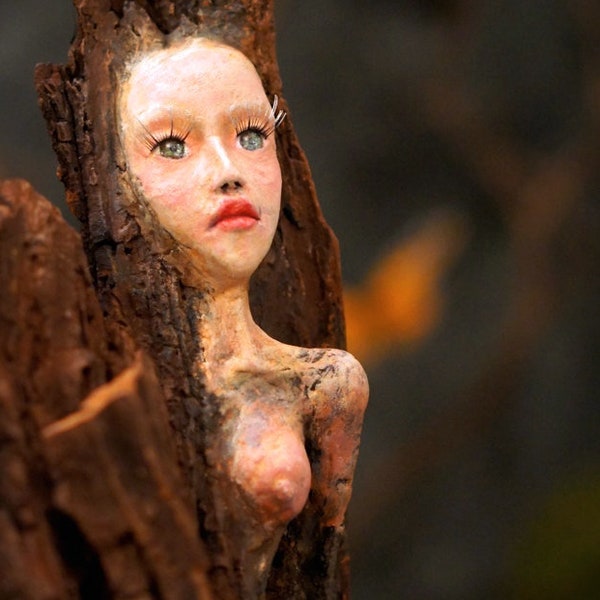 Tree Nymph Sculpture. Clay & Wood Carving Art Doll by Fae Factory Visionary Artist Dr Franky Dolan (Fantasy Art Sculpture Art Doll OOAK Art)