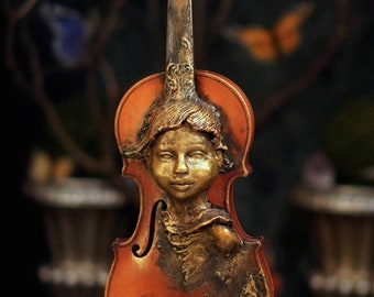 Violin Spirit. Original Sculpture by Fae Factory Artist Dr Franky Dolan (clay sculpture bust musical instrument violin spiritual art gift)