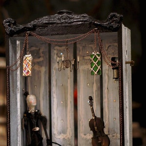 MUSIC BOX {The PRINCE!} Sculpture, Crystals, Antiques, Diorama Music Box Art Doll House Stained Glass by Fae Factory Artist Dr Franky Dolan
