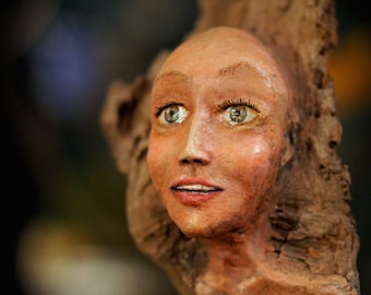Tree Nymph Sculpture. Clay and Wood Carving by Fae Factory Visionary Artist Dr Franky Dolan (Figurative Sculptural Art Doll OOAK Nature Art)