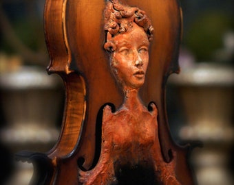 Violin Spirit. Original Sculpture by Award Winning Fae Factory Visionary Artist Dr Franky Dolan (clay and musical instrument violin art)