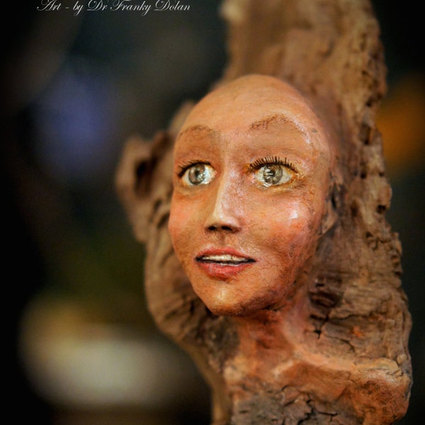 Tree Nymph Sculpture. Clay and Wood Carving by Fae Factory Visionary Artist Dr Franky Dolan (Figurative Sculptural Art Doll OOAK Nature Art)