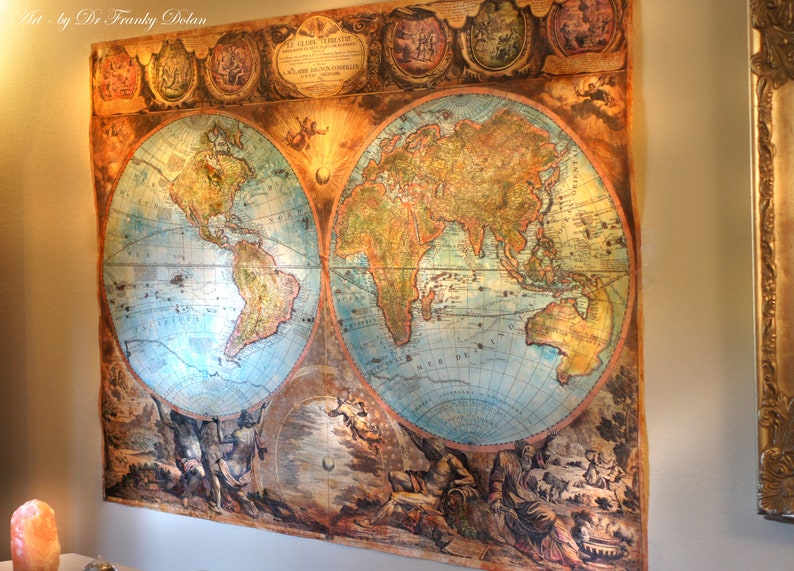 Hand Painted Old World Map Canvas Antique Map Original Painting Fine Art Map Tapestry World Map Fae Factory Fantasy Art by Dr Franky Dolan image 4