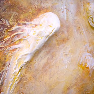 May include: A textured, abstract painting featuring a white, sculpted angel wing and a white, sculpted face against a yellow and brown background.