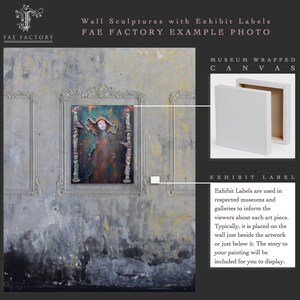May include: A metal wall sculpture featuring a woman's face, with a rusty, green and brown colour scheme. The sculpture is displayed on a textured wall with a white label below it. The text on the label reads "Exhibit Label". Exhibit Labels are used in respected museums and galleries to inform viewers about each art piece. Typically, it is placed on the wall just beside the artwork or just below it. The story to your painting will be included for you to display.