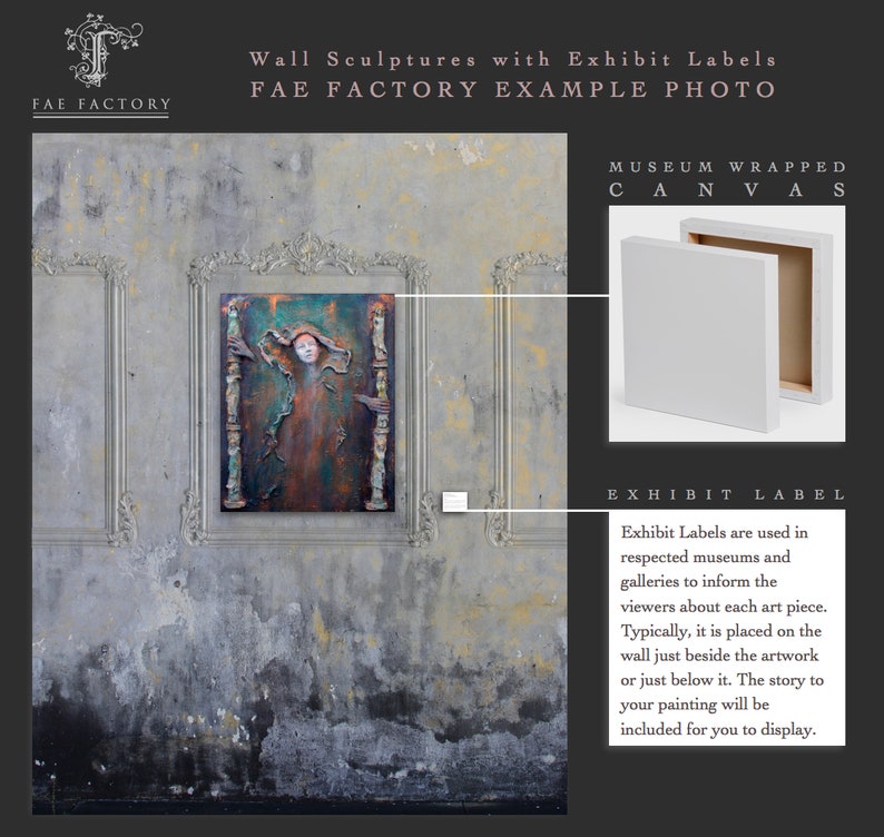 May include: A metal wall sculpture featuring a woman's face, with a rusty, green and brown colour scheme. The sculpture is displayed on a textured wall with a white label below it. The text on the label reads "Exhibit Label". Exhibit Labels are used in respected museums and galleries to inform viewers about each art piece. Typically, it is placed on the wall just beside the artwork or just below it. The story to your painting will be included for you to display.