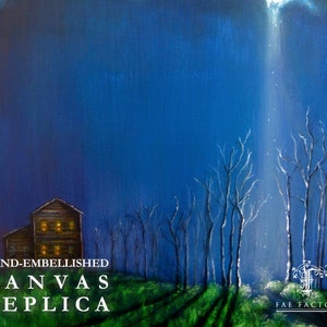 May include: A hand-painted canvas replica of a dark blue night sky with a single beam of light shining down on a small wooden house in a forest of bare trees. The text "HAND-EMBELLISHED CANVAS REPLICA" is at the bottom left of the image and "FAE FACTORY" is at the bottom right.