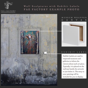 May include: A metal wall sculpture with a woman's face and a rusty, green, and brown color scheme. The sculpture is displayed on a textured wall with a white label below it. The text on the label reads "Exhibit Label". Exhibit Labels are used in respected museums and galleries to inform the viewers about each art piece. Typically, it is placed on the wall just beside the artwork or just below it. The story to your painting will be included for you to display.