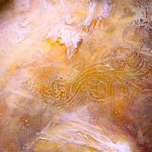 May include: A textured, abstract painting featuring a white, three-dimensional figure of a person's head and shoulders. The background is a blend of yellow, orange, and brown.