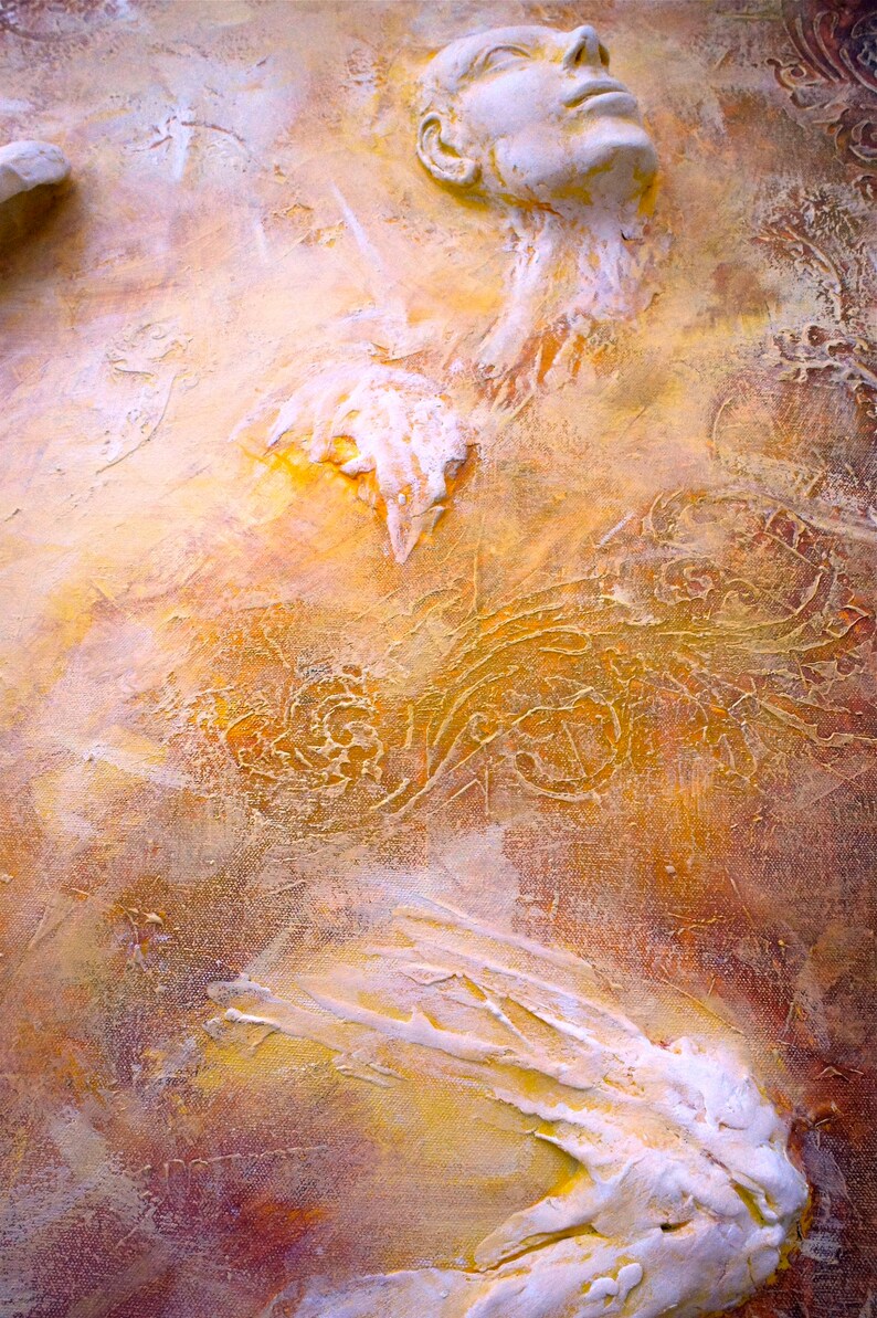 May include: A textured, abstract painting featuring a white, three-dimensional figure of a person's head and shoulders. The background is a blend of yellow, orange, and brown.