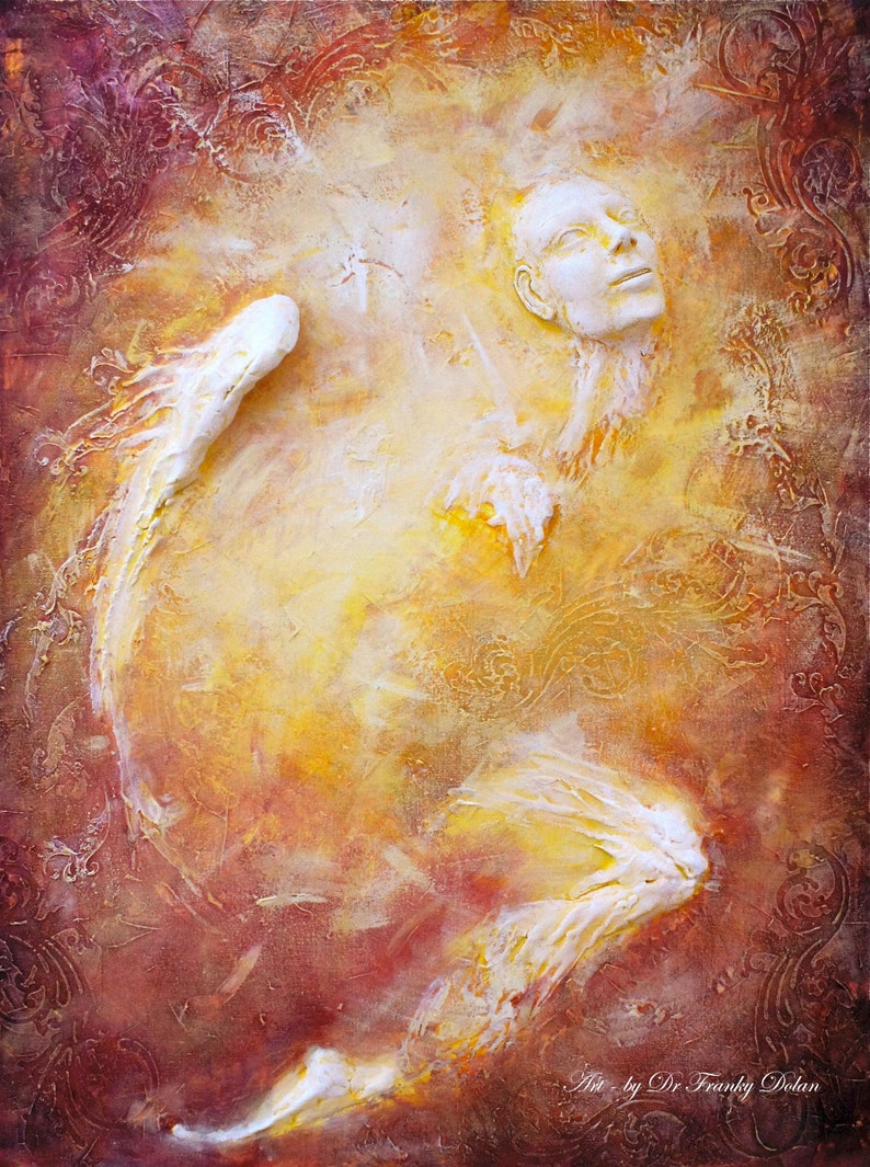 May include: An abstract painting depicting a white figure with a textured surface, set against a backdrop of warm yellow, orange, and red tones. The figure seems to be floating or rising, conveying a sense of movement and energy. The background features a subtle pattern of swirling lines and shapes, adding depth and complexity to the composition.