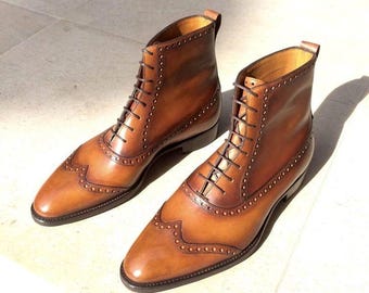 Handmade Tan Leather Ankle Boots: Men's Formal Dress Boots