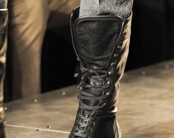Men Handmade Black Leather Ankle high long boot, men laced up boots.