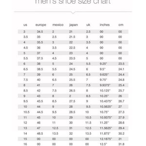 May include: A shoe size conversion chart for men, with measurements in inches and centimeters. The chart includes sizes from US 3 to 16, with corresponding European, Mexican, Japanese, and UK sizes. The chart also provides the equivalent measurements in centimeters.