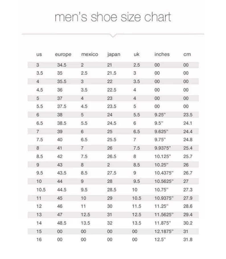 May include: A shoe size conversion chart for men, with measurements in inches and centimeters. The chart includes sizes from US 3 to 16, with corresponding European, Mexican, Japanese, and UK sizes. The chart also provides the equivalent measurements in centimeters.