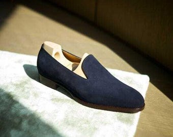 Mocasines de ante azul hechos a mano: zapatos de hombre a medida