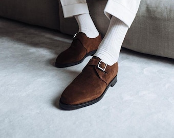 Handmade Brown Suede Single Monk Strap Shoes: Bespoke Men's Dress Shoes