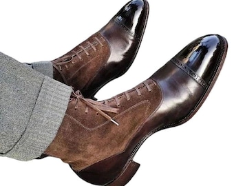 Handmade Two-Tone Leather & Suede Ankle Boots - Men's Classic Style