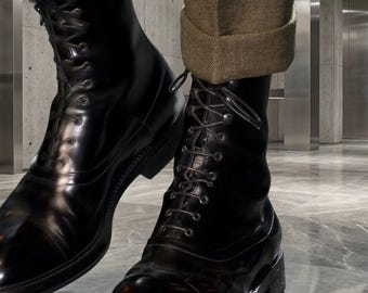 Handmade men black leather ankle high boot : Men's Classic Lace-Up Style