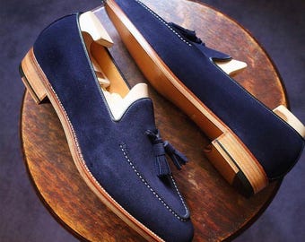 Handmade Blue Suede Tassel Loafers: Men's Leather Moccasins