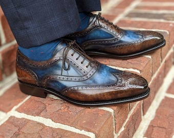 Handmade Brown & Blue Oxford Brogue Leather Shoes: Men's Classic Dress Shoes