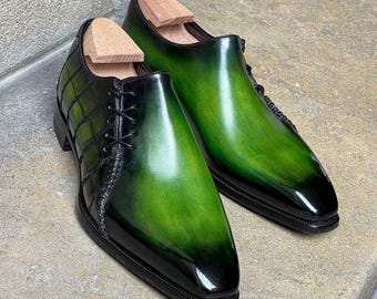 Handmade Green Patina Oxford Leather Shoes: Two-Tone Laces