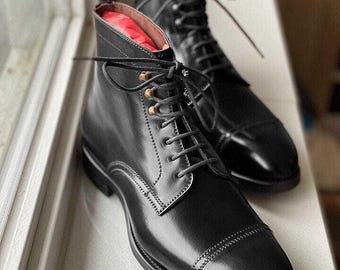 New Men’s Handmade Black Leather Ankle Boots: Men's Laced Formal Wear