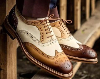 Men’s Handmade two tone brown and beige leather brogue shoe. Men’s classic shoes.