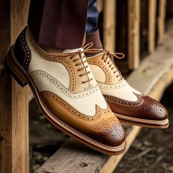mens two tone brown dress shoes Men's Two Tone Wing Tip Oxford Dress Shoes