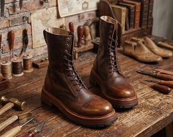 Handgefertigte Männer Braun Leder Militär Stiefel: Männer Kampfstil