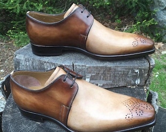Handmade Brown Patina Oxford Leather Shoes: Men's Classic Lace-Ups