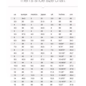 May include: A shoe size conversion chart for men, with measurements in inches and centimeters. The chart includes sizes from US 3 to 16, with corresponding European, Mexican, Japanese, and UK sizes. The chart also provides the equivalent measurements in centimeters.